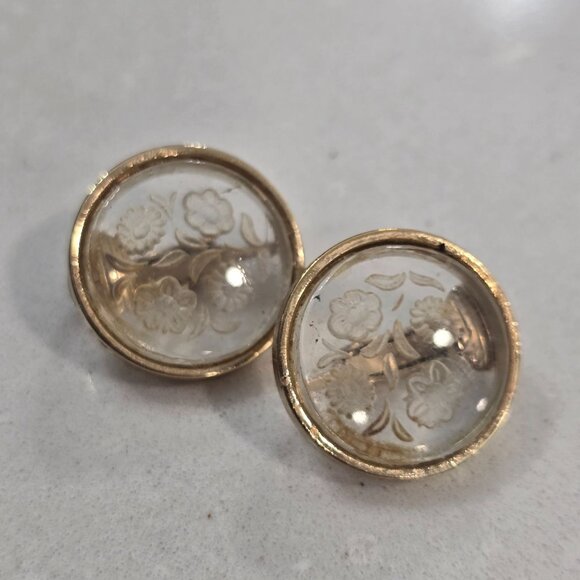 Vintage Floral Clear acrylic & Gold Tone Clip-On Earrings wedding bridal classy - Picture 6 of 6
